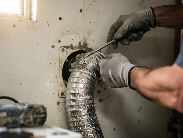 Daytona Beach Dryer Vent Cleaning technician performing precise dryer vent hose installation in Daytona Beach